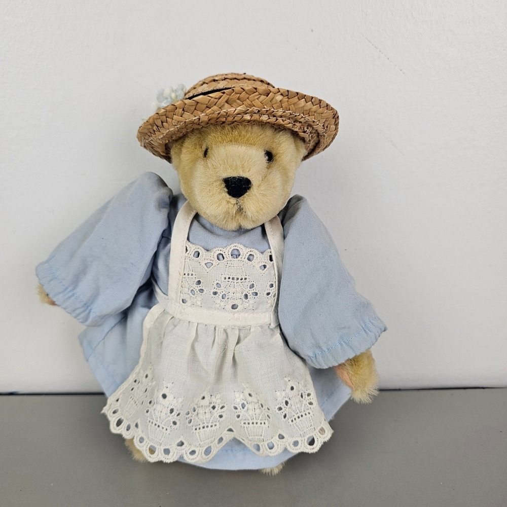 North American Bear Co Muffy VanderBear Plush Blue Dress Lace Apron Straw Hat